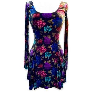 Vintage Betsey Johnson Y2K Velvet Floral Print Mini Dress Sz P/S EUC Long Sleeve